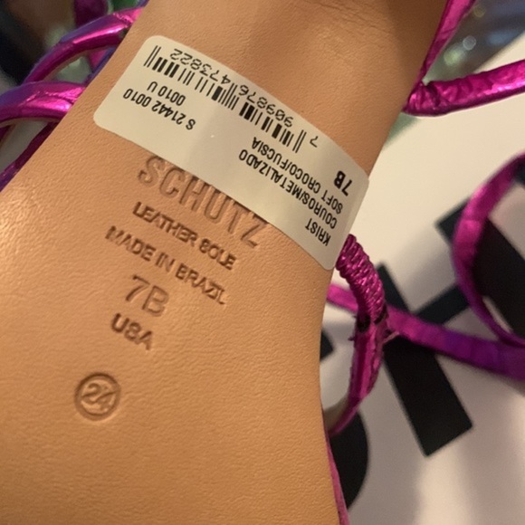 New!‼️ SCHUTZ
Lily Croc-Embossed Metallic Leather Ankle-Wrap Sandals - Picture 10 of 15